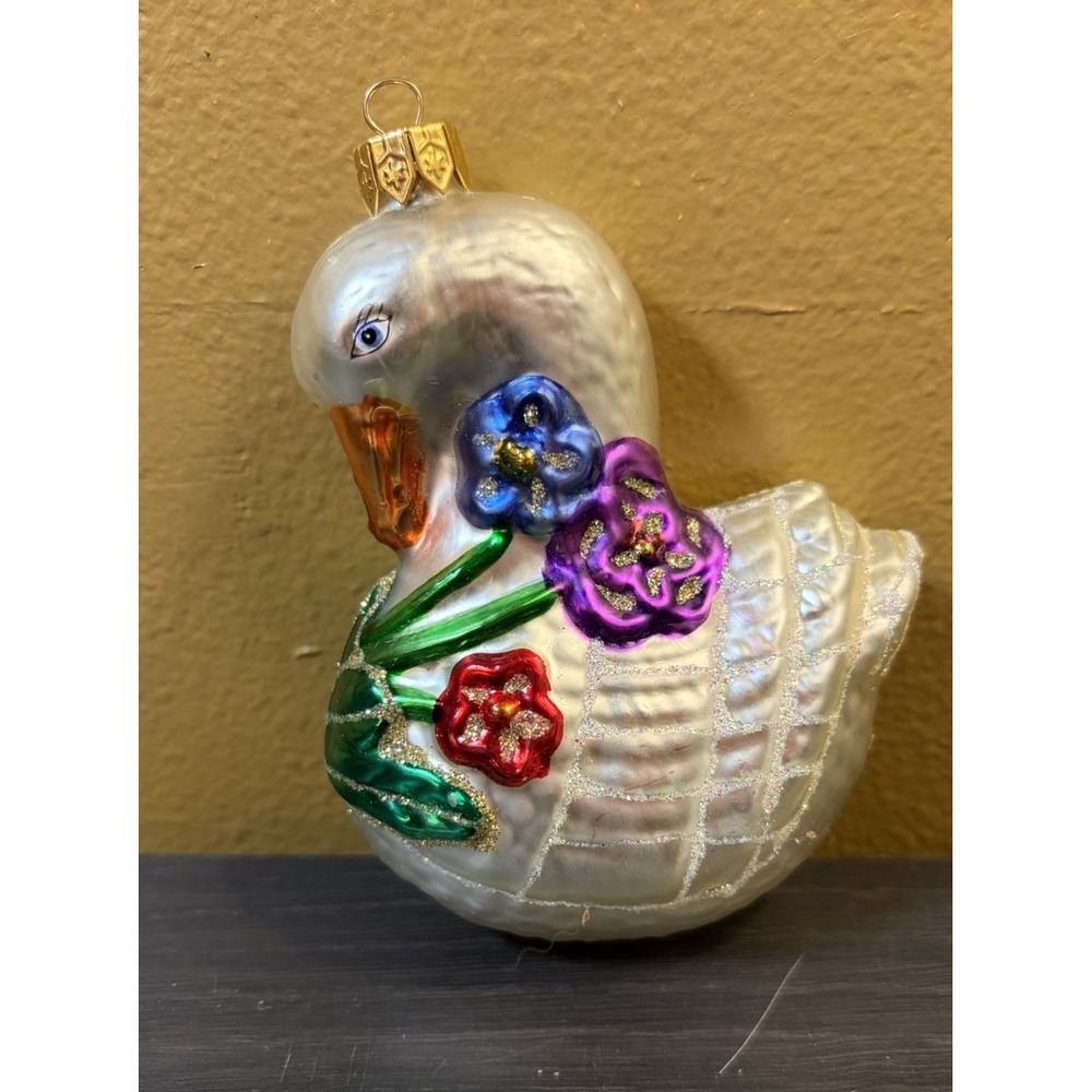 Glass Swan Floral Hand-painted Christmas Holiday Ornament 4"